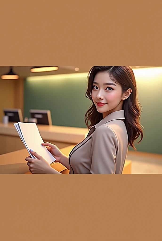 A highly realistic, high-resolution image of a beautiful and charming female bank employee standing behind a bank counter. She is wearing a sleek, professional bank uniform that subtly enhances her elegance and attractiveness. In her hand, she holds a whit...