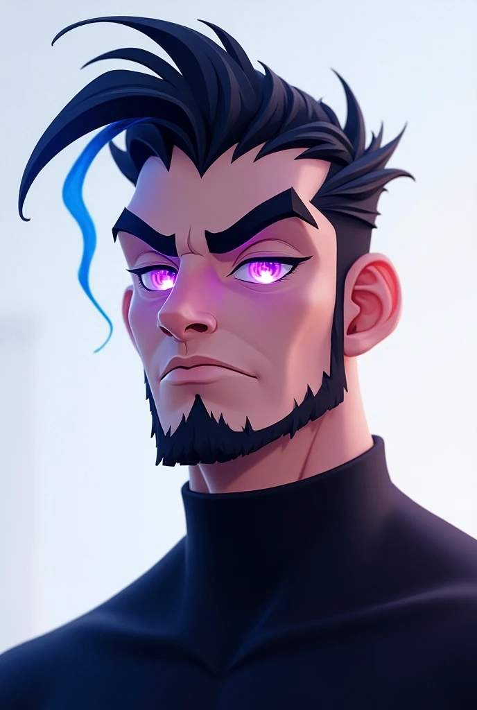 Create a male cartoon character with a black turtleneck shirt, black hair with a blue streak, a white beard and eyes with purple fire. 