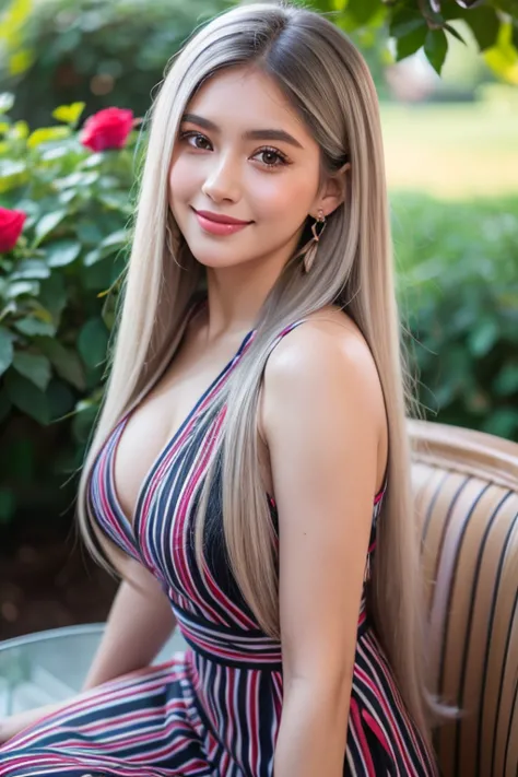 beautiful girl looking at the viewer ,wear a purple striped dress, a tight-fitting skirt,, clear white skin, soft cheeks, smilin...