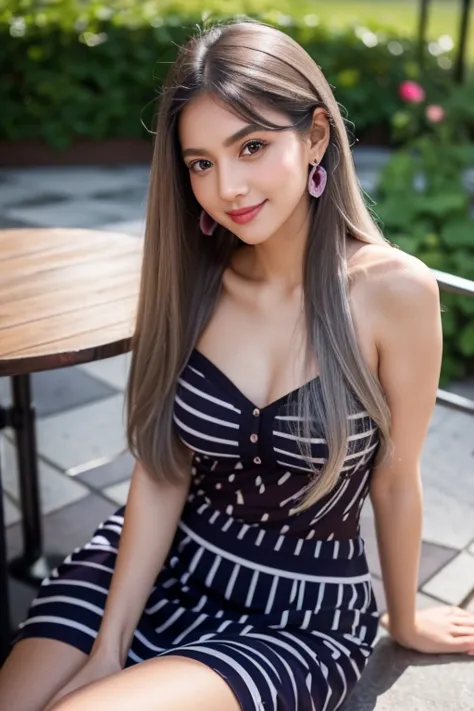 beautiful girl looking at the viewer ,wear a purple striped dress, a tight-fitting skirt,, clear white skin, soft cheeks, smilin...