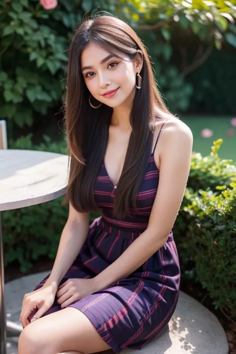 beautiful girl looking at the viewer ,wear a purple striped dress, a tight-fitting skirt,, clear white skin, soft cheeks, smilin...