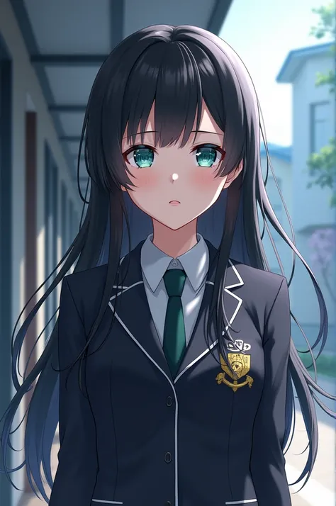 Screenshot of a girl with long black hair, beautiful turquoise blue eyes, a slim body with uniform and background of the UA