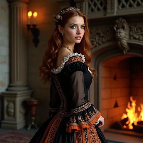 Women with brown hair in a black and orange Tudor style dress standing next to a lit fireplace in the castle