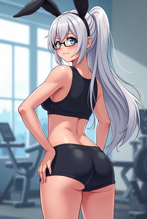 A girl standing on her back with small breasts in a sports bra as if she were going to the gym with black bunny ears with glasses, very long white hair, dark blue eyes, about 18 years old, she also wears shorts, bras and shorts are black, the skin is white...