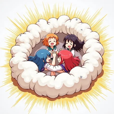 An anime-style comic depicting girls playfully wrestling with each other inside many comical fight cloud.
each girl has different  colored hair.
their faces,hands,and feet are visible emerging from the cloud as they tussle humorously,  with the rest of the...