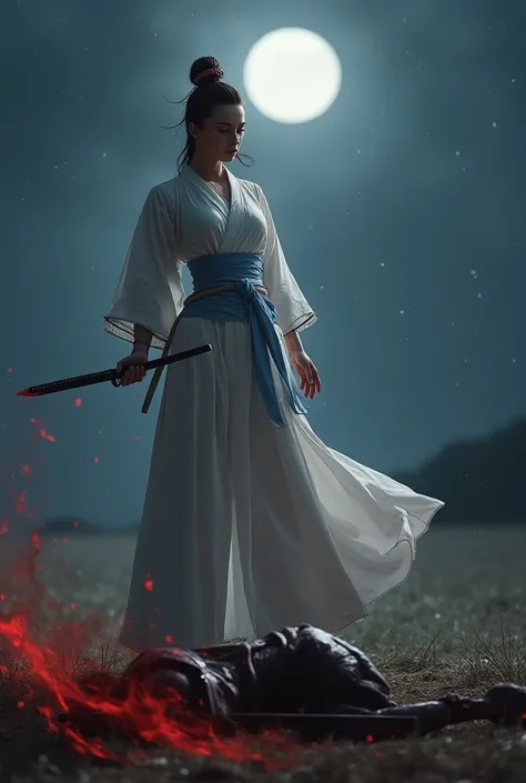 A beautiful samurai woman in a white palazzo,Smiling towards the camera ,wearing swordsmens shoes  ,sharp gaze , fighting in an open field at night ,sword pierced into enemys chest ,blood scattering  