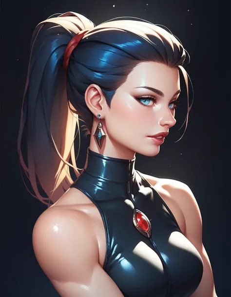 female black sleeveless catsuit with bare shoulders and racerback, bare toned arms, beautiful faces, red nail, black ponytail with showing forehead, black earrings, soft smooth skin, pale skin, black background, blue eyes, sci-fi