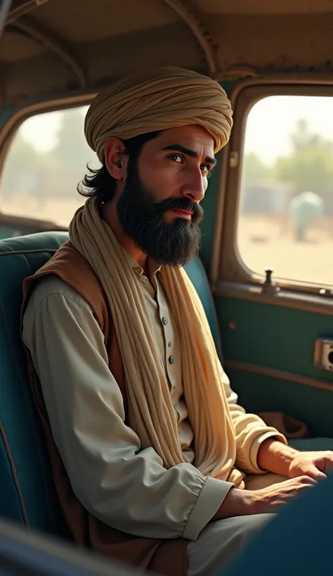 a pakistani pathan sitting in car, sitting back seat of driver,  thinking, sad, disney pixar style image