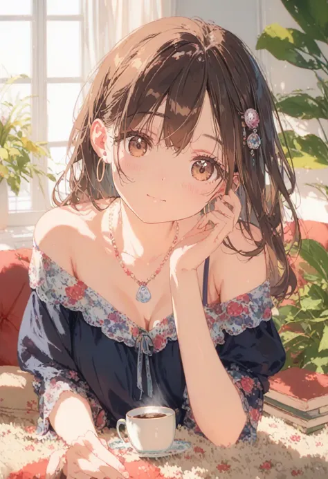 1girl, solo, upper body, short stature, medium breasts, long hair, low messy bun, dark brown hair, wavy strands, cute pastel hairpin, warm brown eyes, light tan skin, off-shoulder top, white color, loose fit, floral patterns, delicate necklace, small hoop ...