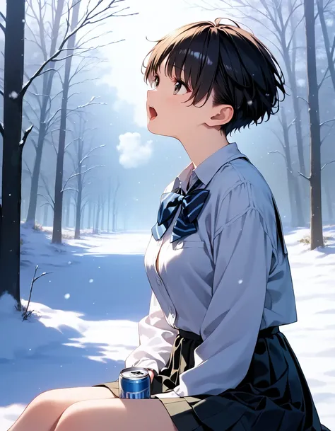 score_9, score_8_up, score_7_up, source_anime, best quality, masterpiece, official art, absurdres, highres, ultra-detailed,waifu2x,  break,1girl, very short hair, pixie cut, flipped hair, beautiful breasts,school uniform, snow, winter, open mouth, (yawn:0....