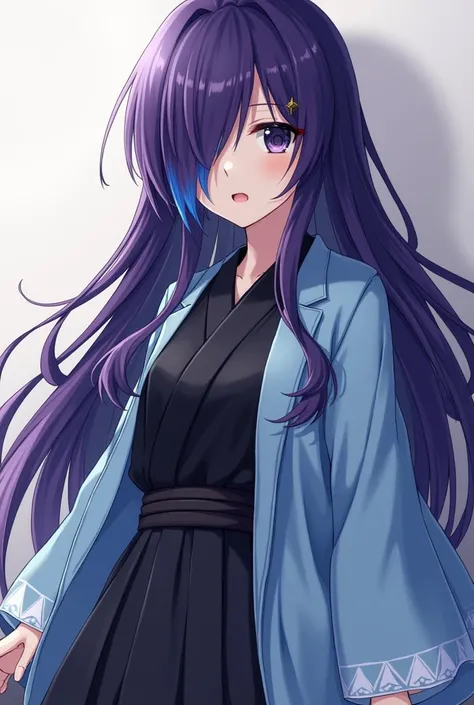 Attractive anime style girl with purple long hair、
 purple long hair that hides the waist　Turn a section of the side of the bangs blue.　Blue highlights on the side of the bangs　Part of the bangs is blue　Dark Eyes　Sharp, Cool Eyes 　Light blue haori coat　 bl...