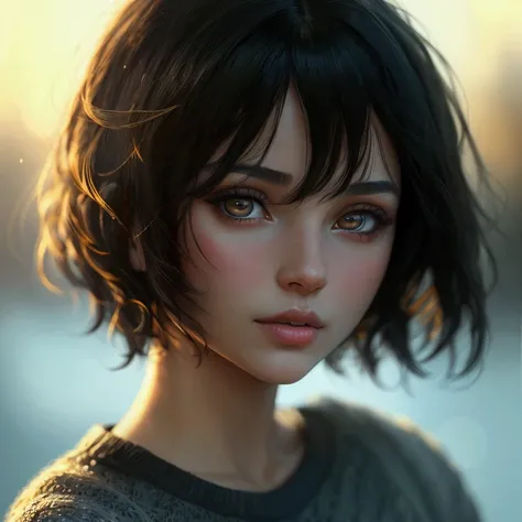 A beautiful detailed portrait of a girl with short black hair, realistic eyes, lips, and skin, wearing a sweater, highly detailed, photorealistic, 8k, RAW-photo, best quality, absurdres, ultra high res, hyperrealistic, golden ratio