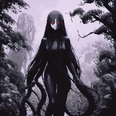 pixel art.,  who looks like slenderman's thin tentacles ,   but woman  , scary,  slenderman's thin tentacles, operator  ,  creep...