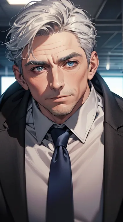 (best quality,4k,8k,highres,masterpiece:1.2),ultra-detailed,(realistic,photorealistic,photo-realistic:1.37),1 man,3,mature man,very handsome,without expression,smile,short grey blue hair,blue eyes,penetrating gaze,perfect face without errors,imposing postu...