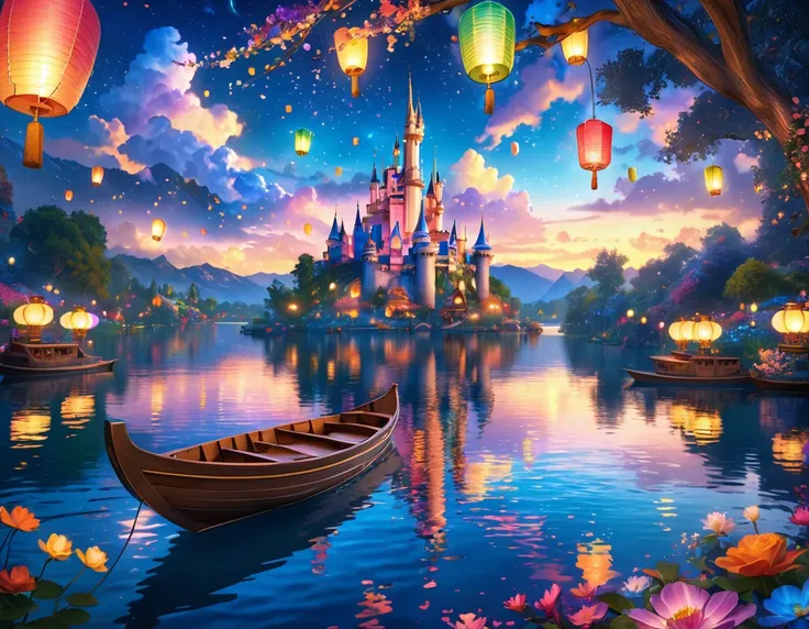 A boat on the lake, with many colorful lanterns floating in the sky, colorful lanterns, lanterns in the sky, Colorful lanterns floating on the lake. Rapunzel and Eugene Fitzherbert embracing each other on the boat in a cowgirl position. Crystal clear lake,...