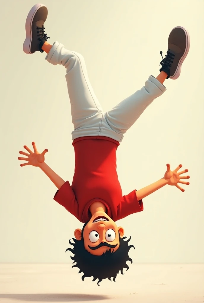 Ran upside down with open legs in red t-shirt and white pants animated funny