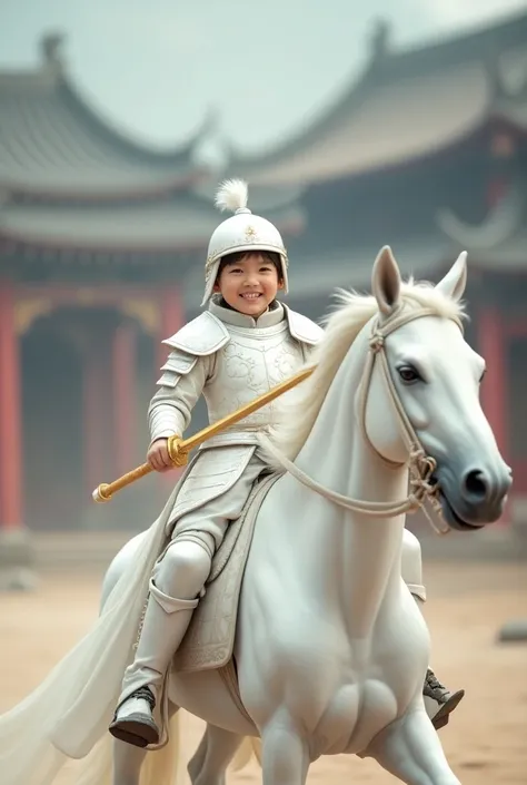  chinese little smiling boy wear chinese ancient supreme battle armor white metal suit with cloak use gold sword wear white helmet riding white royal smart battle horse background blur with ancient beautiful palace 