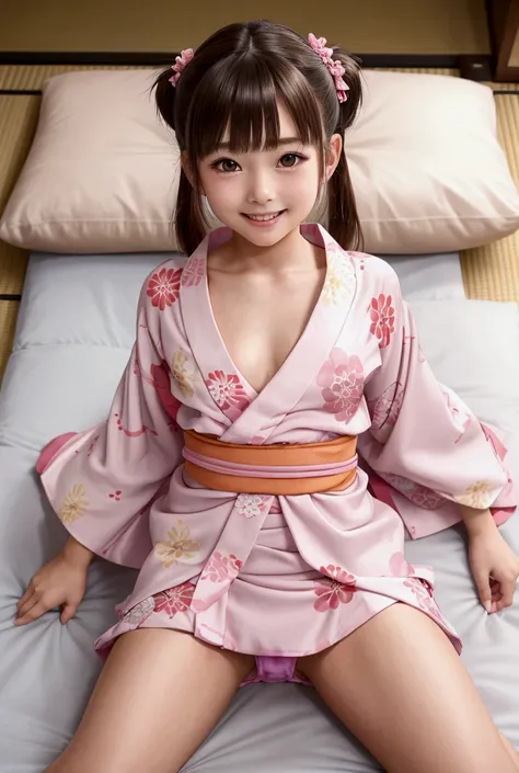 masterpiece,  best quality, Genuine, ((very young girl)), ((Open yukata)), Small breasts, Brown Hair,  twin tail hairstyle, smile, Japanese-style room, futon, Lie on your back,  peek out the panties from under the skirt,  open legs, pink panties,  looking ...