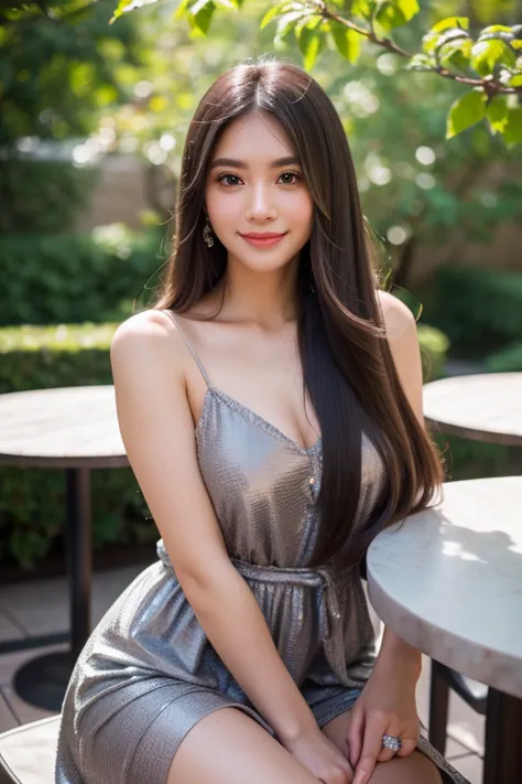 beautiful girl looking at the viewer ,put on a gray dress, a tight-fitting skirt.,, clear white skin, soft cheeks, smiling charm...