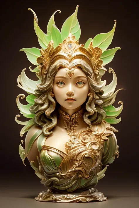 a plant human onlysculpture ,beautiful girl,cute,plant sculpture, plant all ,all plant only,live action,turn face to the camera,front,looking at camera,devil,background, dreamlike colors, transparent plant sculpture, golden, masterpiece, (best quality:1.3)...