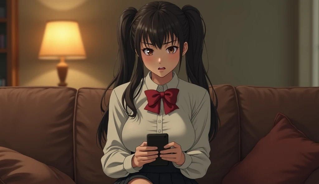 Realism，8k quality，HD，8k quality， an 18-year-old young girl with double ponytails，Shes a dumb ，Long Distance Movie Star Satomi Ishihara，Big breasts， in a white shirt ，Red bowtie， black pleated skirt ，She sits on the sofa，Holding a mobile phone，The expressi...