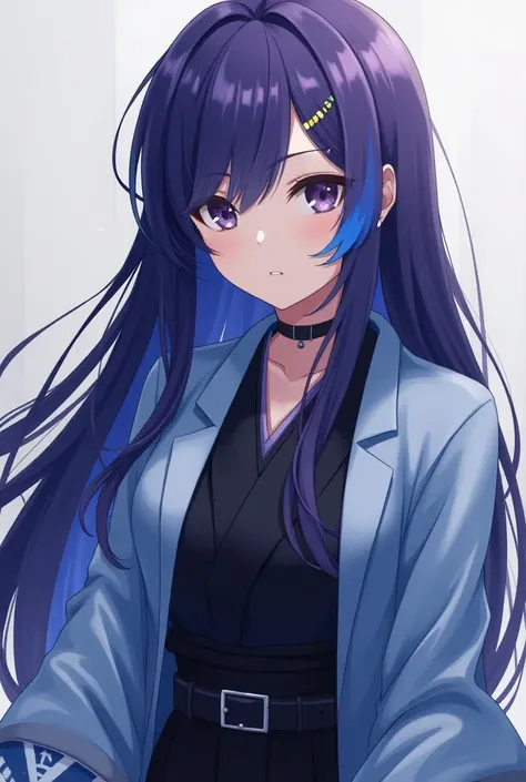 Attractive anime style girl with purple long hair、
 purple long hair that hides the waist　Turn a section of the side of the bangs blue.　Blue highlights on the side of the bangs　Part of the bangs is blue　Dark Eyes　Sharp, Cool Eyes 　Light blue haori coat　 bl...