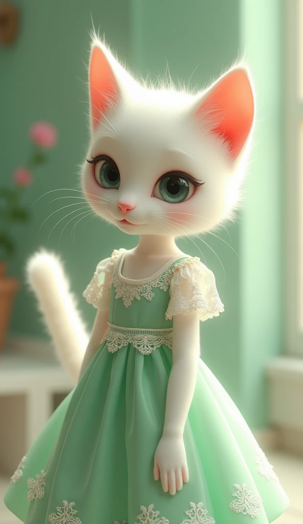  White Cat in a Light Green Dress とレースとフリルのドレス　 that turns the womb inside out, very beautiful cute catgirl,   White Cat in a Light Green Dress  ,  cute digital paint ,  Disneys Bambi cat ,   3d Precious Moments Plush Cat  , cute! C4D, cute beautiful,  in ...