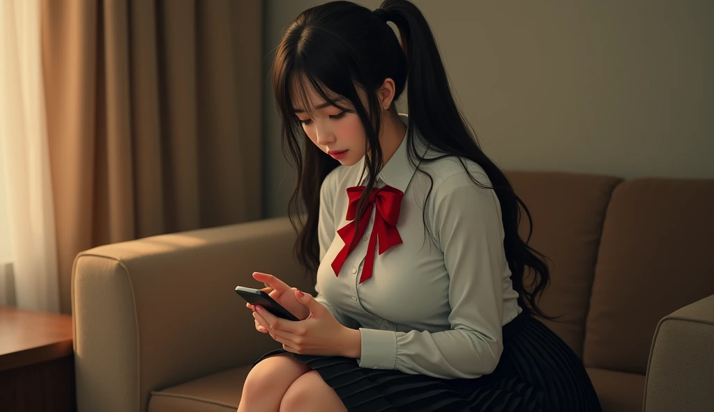 Realism，8k quality，HD，8k quality， an 18-year-old young girl with double ponytails，Shes a dumb ，Long Distance Movie Star Satomi Ishihara，Big breasts， in a white shirt ，Red bowtie， black pleated skirt ，She sits on the sofa，Holding a mobile phone，The expressi...