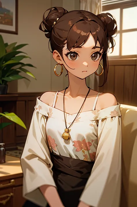 1girl, solo, upper body, short stature, medium breasts, long hair, low messy bun, dark brown hair, wavy strands, cute pastel hairpin, warm brown eyes, light tan skin, off-shoulder top, white color, loose fit, floral patterns, delicate necklace, small hoop ...