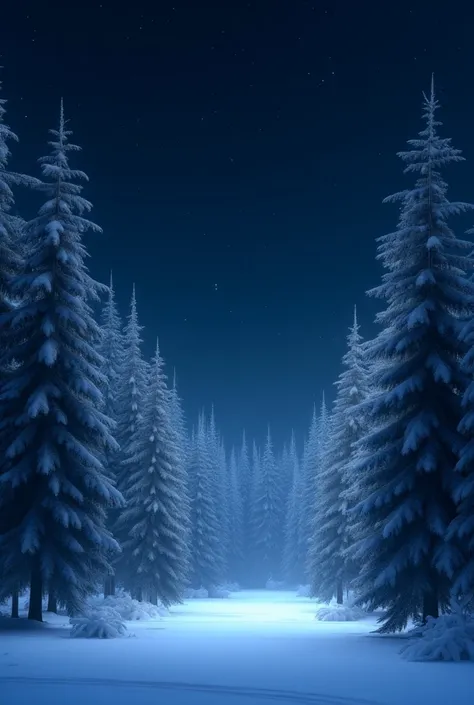 make me a realistic calm picture in a night snowing forest with clear sky and stars 