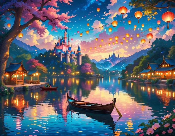 A boat on the lake, with many colorful lanterns floating in the sky, colorful lanterns, lanterns in the sky, Colorful lanterns floating on the lake. Rapunzel and Eugene Fitzherbert embracing each other on the boat in a cowgirl position. Crystal clear lake,...