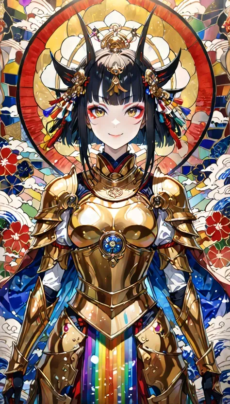 Female knight, kabuki makeup, ukiyo-e, Japanese painting, woodblock print, attractive and sexy expression, golden twin hair, wearing open rainbow colorful armor, iridescent stained glass background painted with a fusion of oil and watercolor, conceptual in...