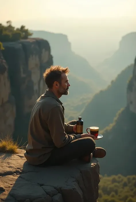 Drinking coffee on a cliff and with a coffee bottle close to a man 