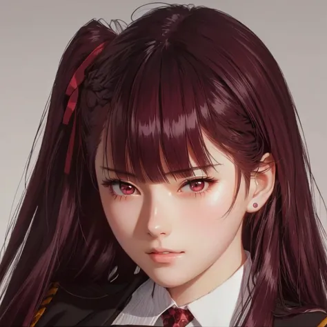  There is a woman with long hair who wears a suit and tie., Hyperrealistic schoolgirl, a Hyperrealistic schoolgirl, Realistic young anime girl , anime realism style,  realistic anime art style ,  Realistic anime art style , realistic anime 3D style, portra...