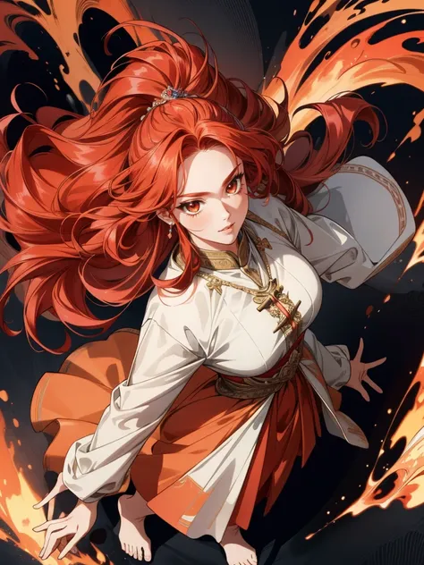 ((masterpiece:1.2, best quality)), ultra detailed, Ultra-precise depiction, Ultra-detailed depiction), (dynamic pose), (abstract background:1.5), wavy long hair, red hair, ambar eyes, fire mage, elegant princess medieval dress, 1girl, colorful, portrait, (...