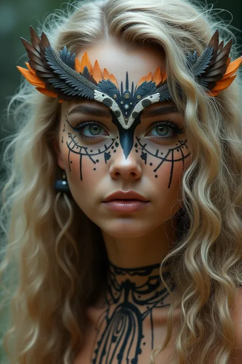 Woman with long curly and blond hair with artistic makeup that has indigenist elements and is inspired by the owl