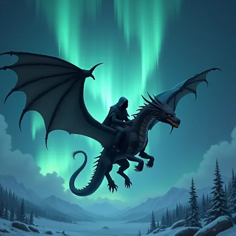 Flying black dragon and someone with a hoodie riding it against a background of Northern Lights