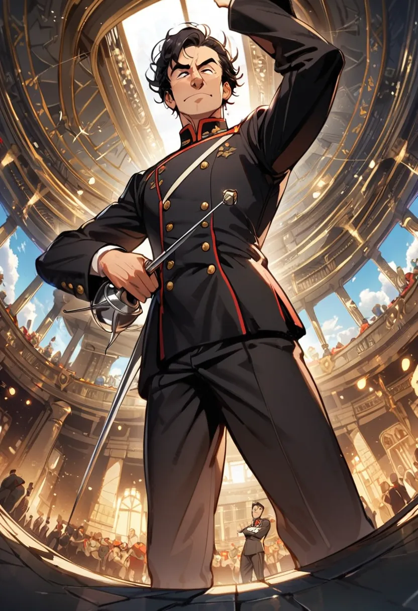 1man, tall man, lean man, black hair, short hair, rapier, russian nose, messy hair conductor's outfit, nice pose, fisheye, epic,...