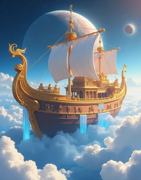 Cinematic, RTX, reflections, Concept ART anime semi- realistic, shiny art effect. concept art anime, Image is a digital artwork depicting a grand, ornate ship floating among clouds in a celestial setting. The ship is intricately designed with golden embell...