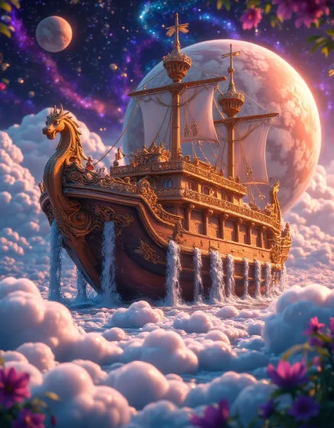 Cinematic, RTX, reflections, Concept ART anime semi- realistic, shiny art effect. concept art anime, Image is a digital artwork depicting a grand, ornate ship floating among clouds in a celestial setting. The ship is intricately designed with golden embell...