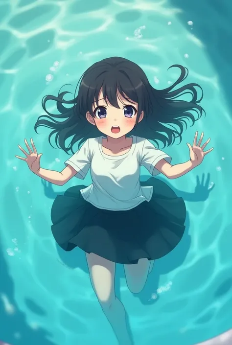  Anime girl who is drowning in a pool,Draw her in the water , shes wearing a white blouse and a black skirt attached  