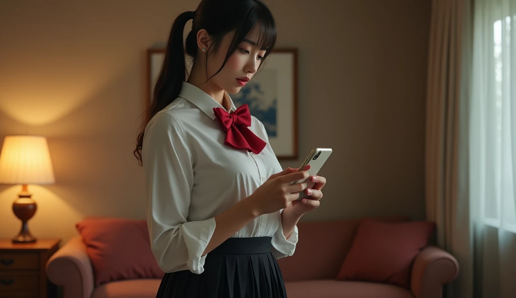 Shot from the side，Hyperrealism，8k quality，HD，8k quality， an 18-year-old young girl with double ponytails，Shes a dumb ，Long Distance Movie Star Satomi Ishihara，Big breasts， in a white shirt ，Red bowtie， black pleated skirt ，Shes in the living room ，The exp...