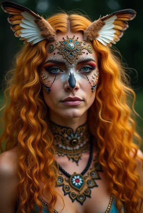 Woman with long curly and blond hair with artistic makeup for concerts that has indigenist elements and is inspired by the owl