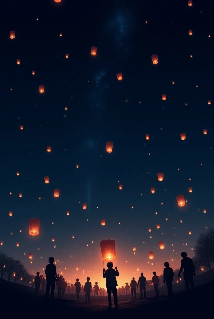 Countless lanterns soar in the calm night sky. Each lantern is filled with hopes and wishes, and their light shines along with the starry sky. Rising slowly in the wind, they seem as if they were part of the Milky Way. People on the ground gaze at the scen...