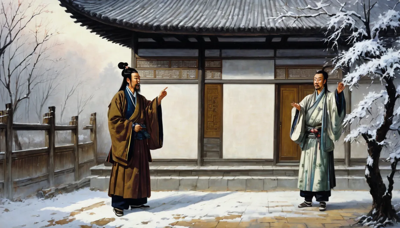 in front of a thatched house 、,  ancient chinese scholars , traditional clothing, embroidered robe, liu bei, guan yu, zhang fei,...