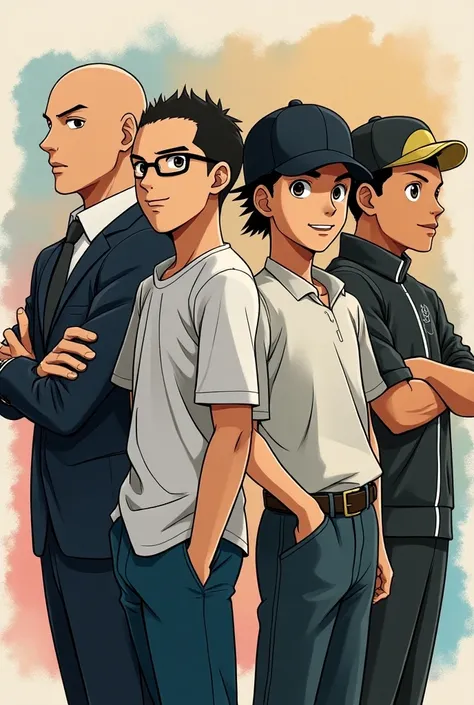 Lets try to generate the image of four Elite 4 male trainers based on Ken Sugimoris art-style descriptions:

1. moreno, bald,  dressed in dress clothes .
2. White,  wears a black cap and dresses in a musician style .
3. pele morena,  wears dark glasses, a ...