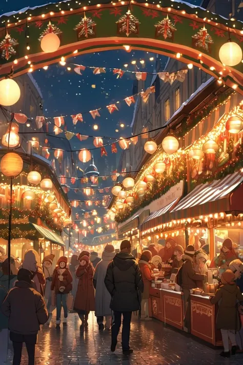 In a traditional Christmas market, the air is filled with the delicious aroma of sizzling sausages, hot chocolate, and sweet gingerbread. Stalls are packed with handmade crafts and holiday decorations, and vibrant lights hang overhead, sparkling brightly. ...