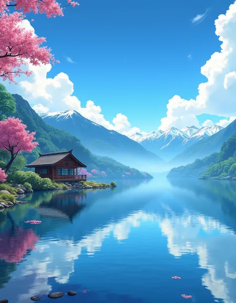 Cinematic, RTX, reflections, Concept ART anime semi- realistic, shiny art effect. concept art anime, Image is a vibrant, detailed a serene lakeside scene. The style is reminiscent of traditional Japanese art, featuring a wooden house with a sloping roof an...