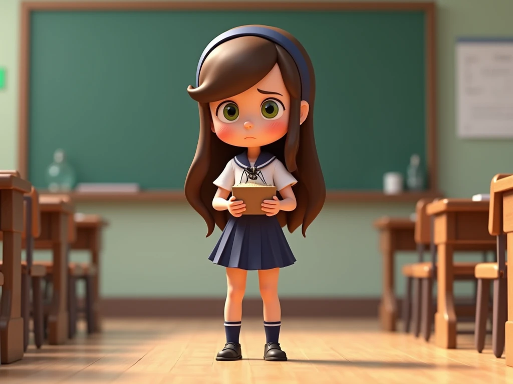 Create a horizontal animated 3d  (about the size of a sheet ) of a classroom with a girl  (White with super smooth brown hair WITHOUT galluza and long with a navy blue headband ,  green eyes with white short sleeve shirt and navy blue skirt above the knees...