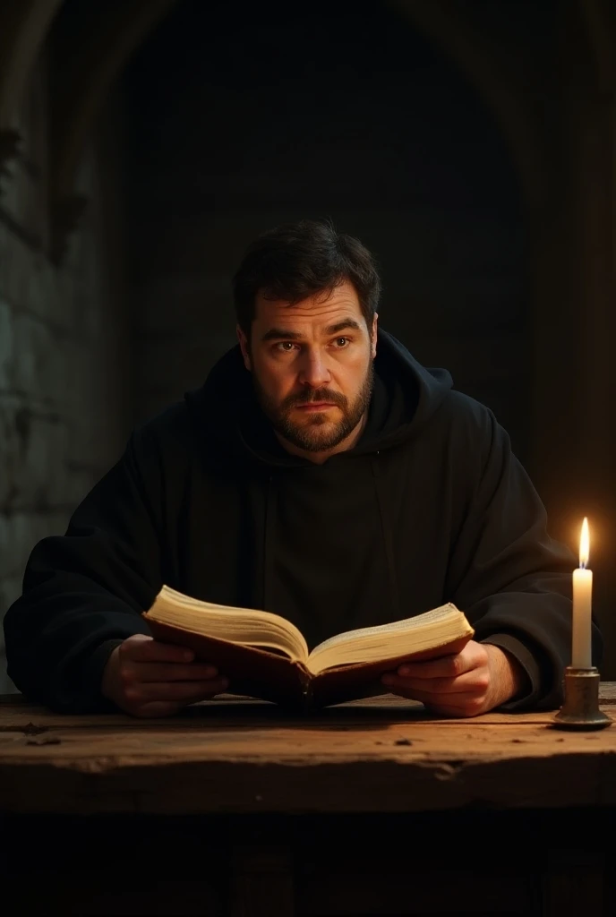 Martin Luther reading a bible at night in the monastery with a surprised face and wearing monks clothes 